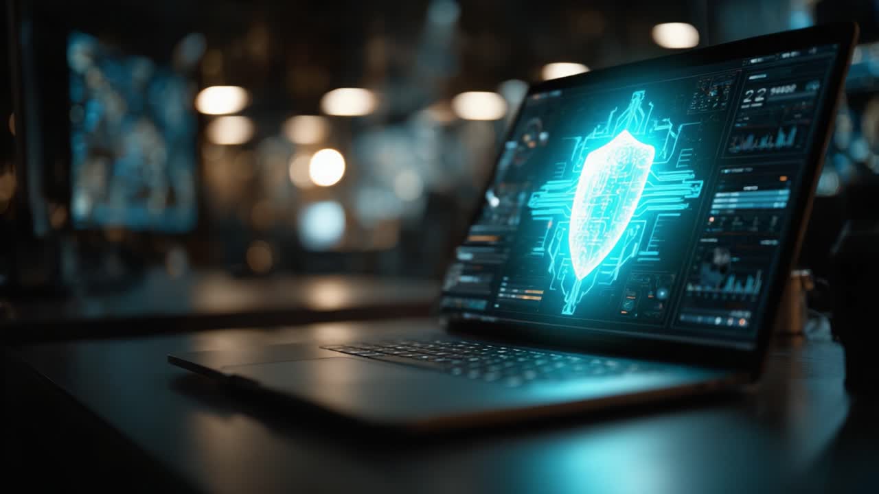 High-Tech Laptop Displaying Cybersecurity Shield with Futuristic Graphics and Data Visualization in a Modern Workspace Setting