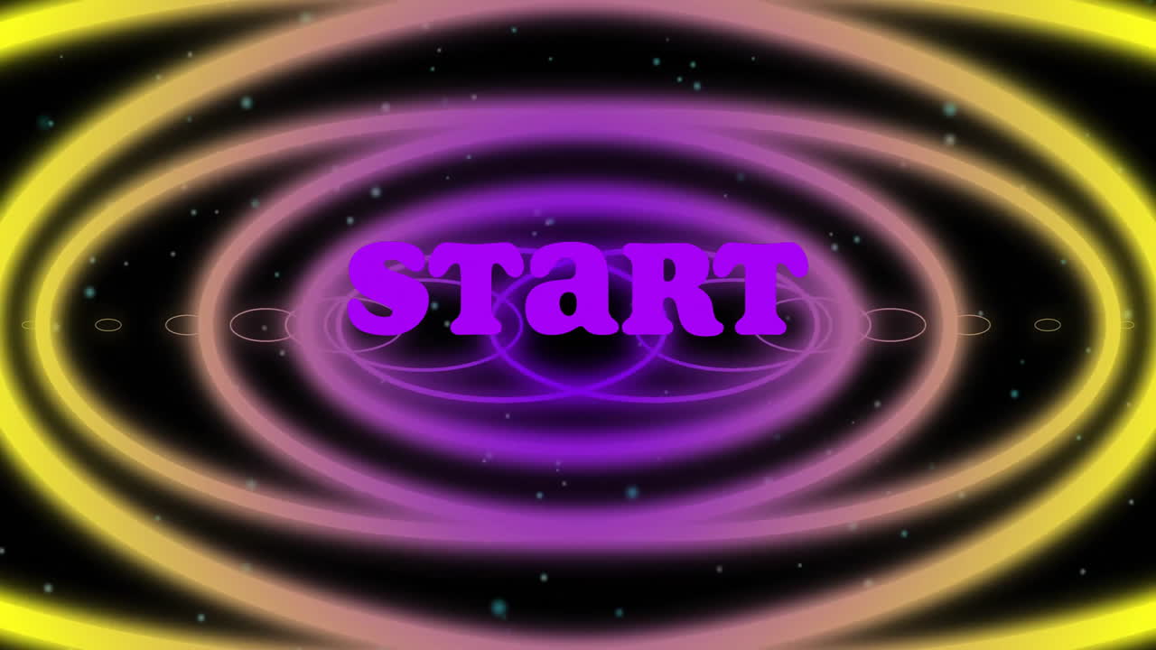 comenzar la animación de texto sobre círculos concéntricos coloridos y fondo estrellado