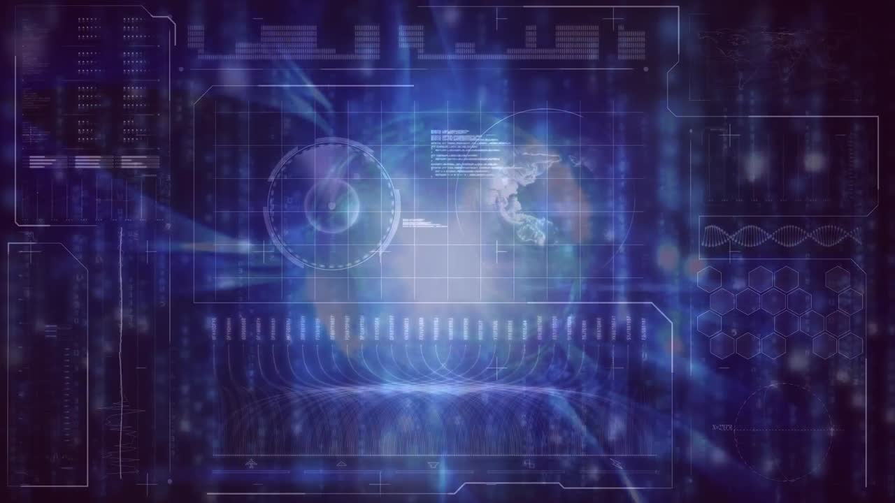 Animation of digital screen with data and globe on navy background