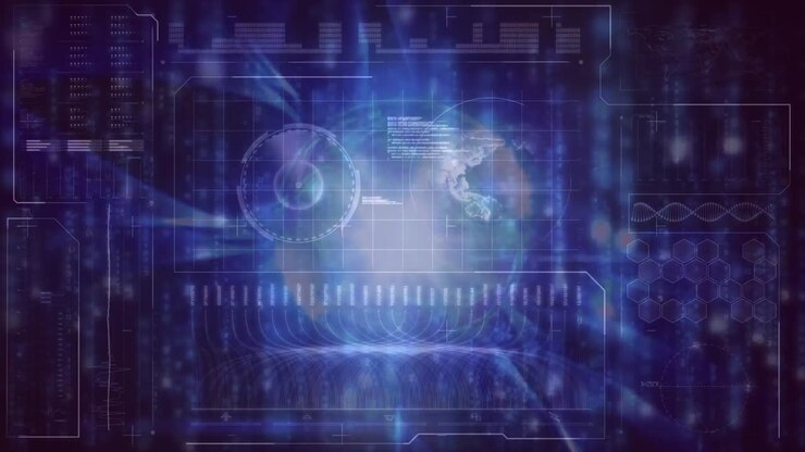 Animation of digital screen with data and globe on navy background