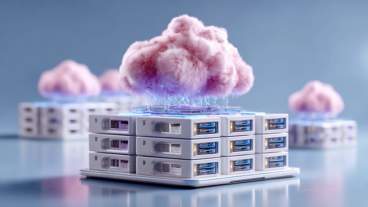 A Futuristic Concept of Cloud Computing Featuring a Pink Cloud Poised Above a Complex Array of Data Servers, Illustrating Advanced Technology and Innovation