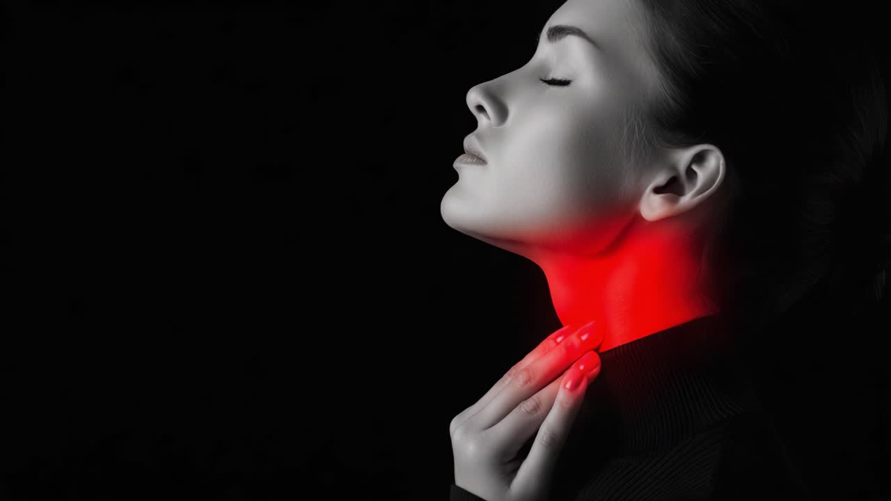 Un ritratto accattivante di una donna con un profilo elegante, illuminato da una sorprendente luce rossa, evocando emozioni di serenità e introspezione in un ambiente scuro