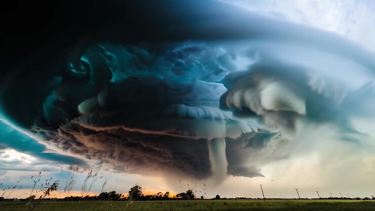 Massive Supercell Storm Cloud Rotating Over Rural Landscape