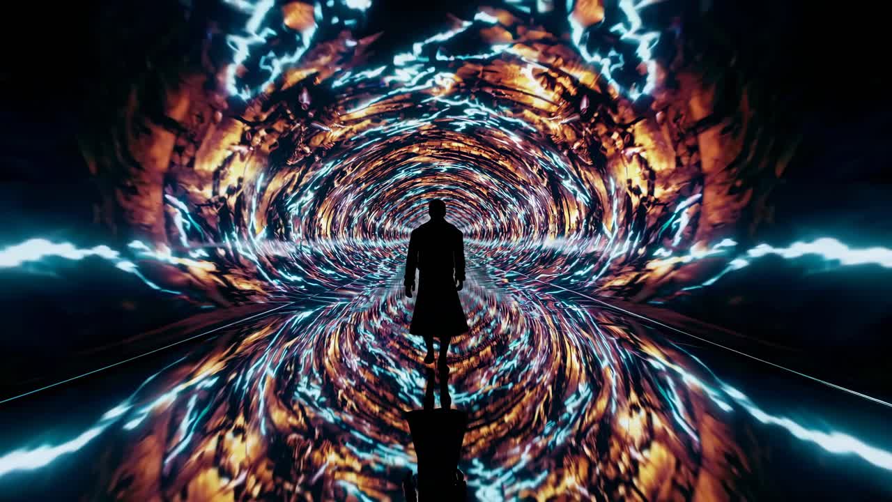 A Person Walking Through a Glowing Abstract Tunnel