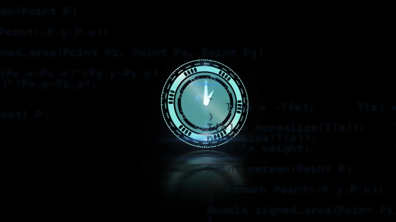Animation of data processing over clock on black background