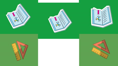 animation of green rectangles with setsquare and notebooks moving on white background