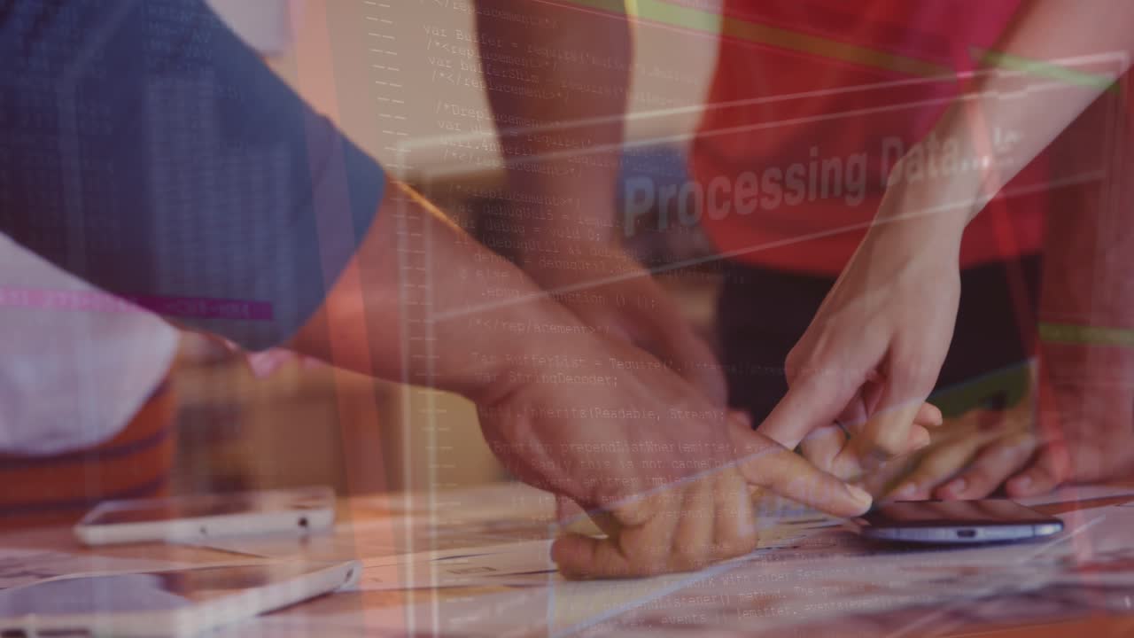 Animazione dell'elaborazione di dati finanziari su diverse persone che lavorano in ufficio