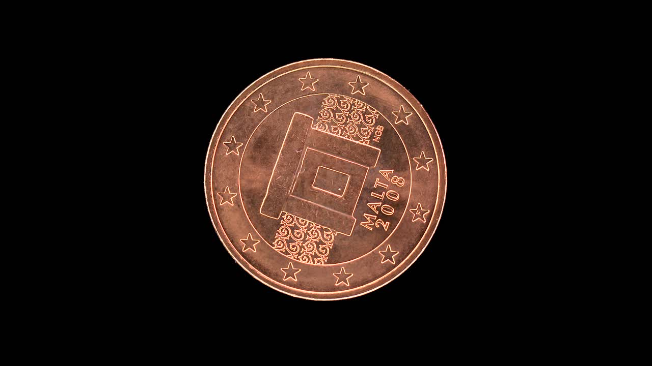 Malta 5 euro cent rotates to show obverse megalithic temple design on black background