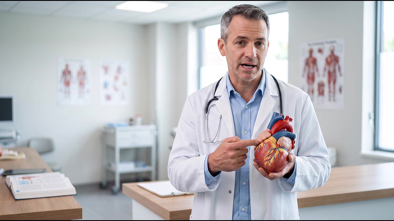 Professor de medicina demonstrando a anatomia cardíaca com um modelo realista de coração humano dentro de um espaço de trabalho hospitalar contemporâneo