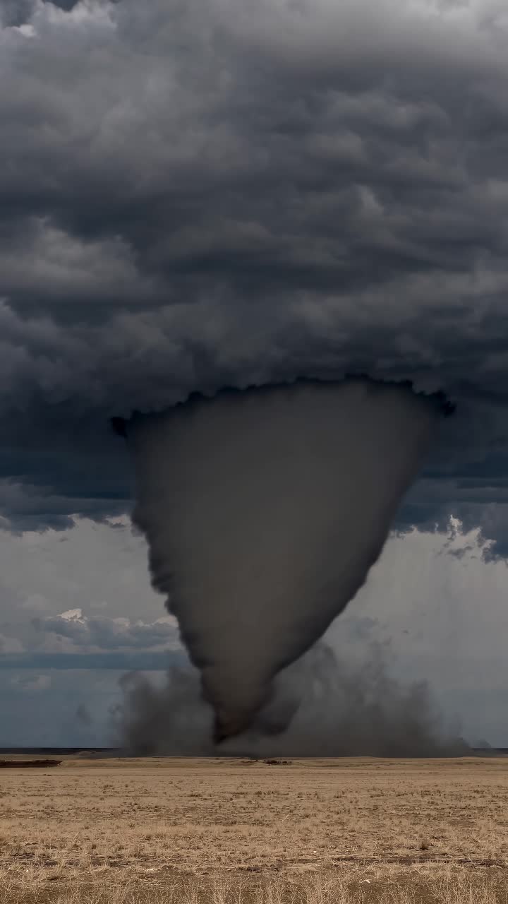 Dramatisk lavvinkelbillede af en tornado under mørke, hvirvlende skyer over et goldt landskab.