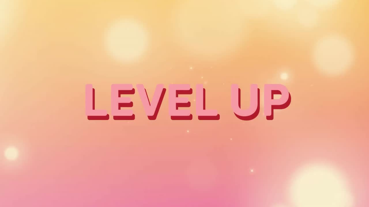 오렌지색 배경에 빛의 반점에 대항하여 레벨 업 텍스트의 디지털 애니메이션