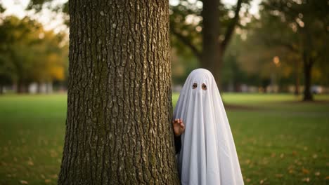 A playful and mischievous spirit emerges from behind a majestic tree, playfully camouflaged in a ghostly sheet, brought to life in a serene park setting at dusk