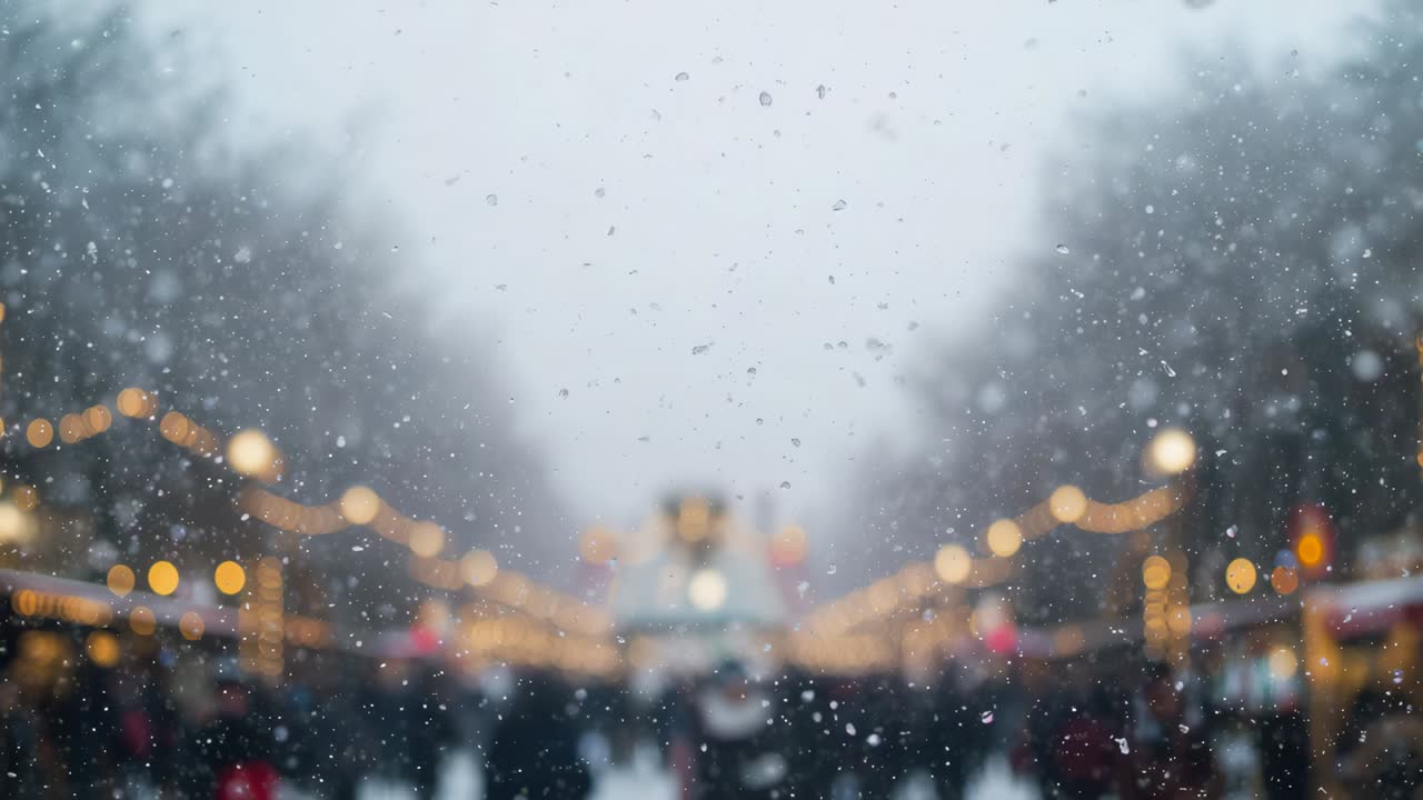 Snow starting sending flakes and drops onto lens, blurring holiday market lights, shoppers in coats