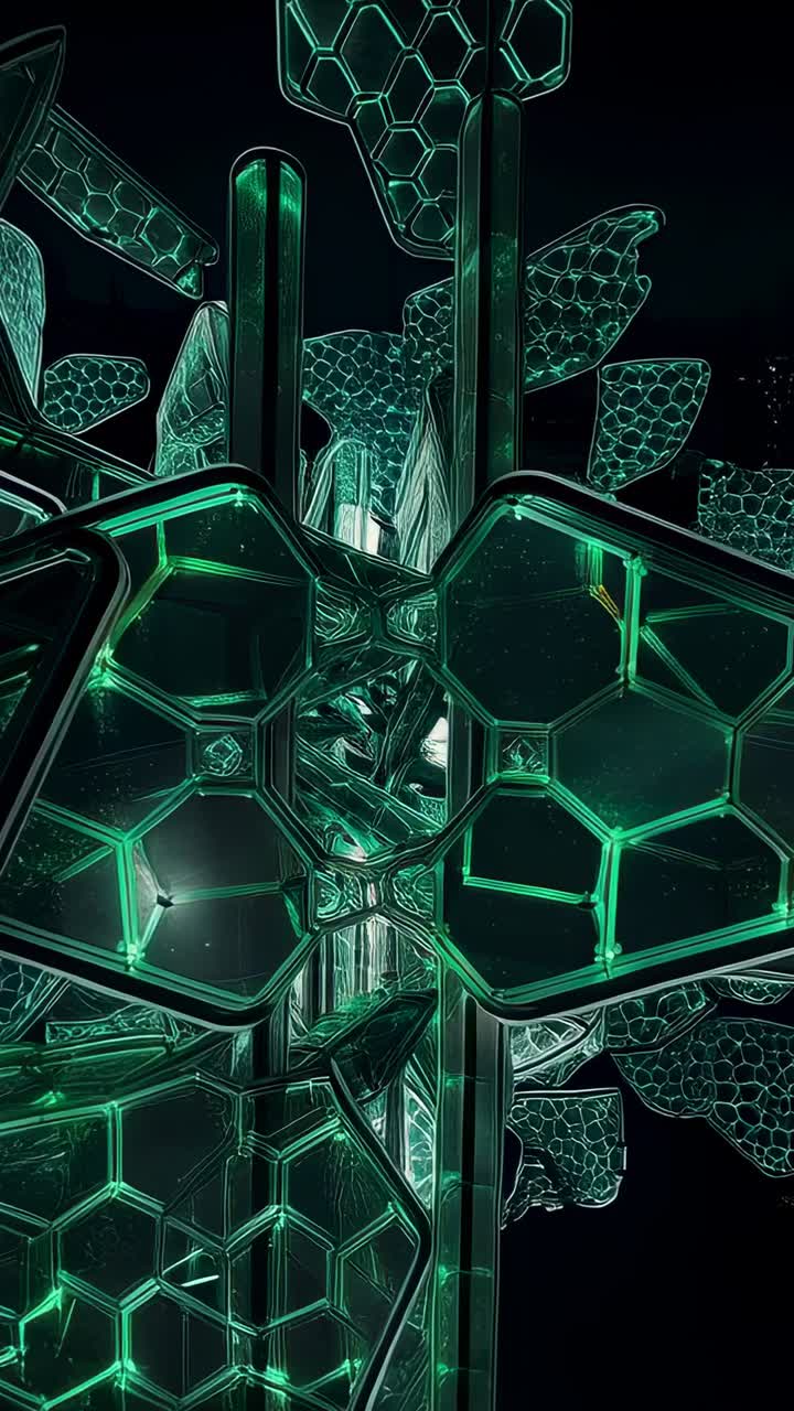 Vertical video: Advancing camera revealing glowing hex sculpture in dark gallery, showing lit nodes