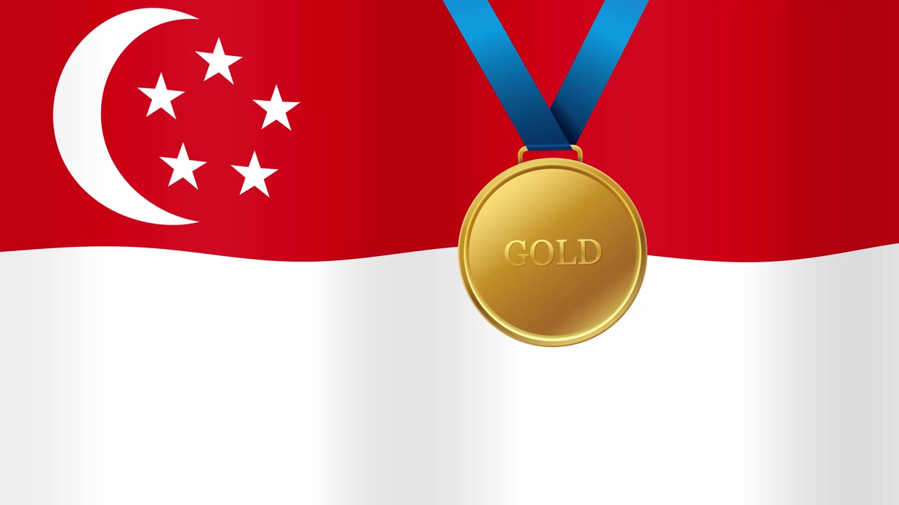 Una bandiera nazionale di Singapore sventolante funge da sfondo per una medaglia d'oro oscillante