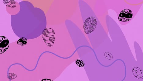 animación de huevos de pascua con patrones negros que caen sobre un fondo rosa y púrpura abstracto