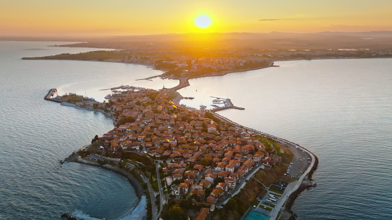 Aerial drone view of the old town Nessebar, Bulgaria at sunset