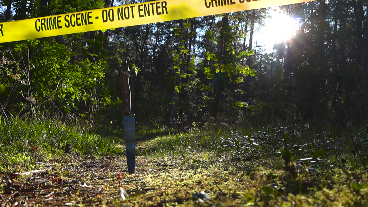 Shiny kitchen knife or murder weapon stabbed in a forest hiking road while yellow colored police line Crime Scene tape is hanging above it when sunshine backlights the ribbon. Sun rays and lense flare