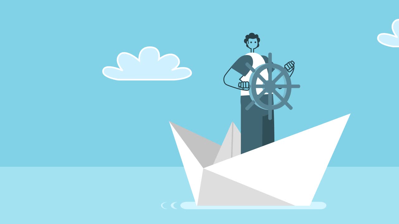 카맨은 종이 배를 타고 항해합니다. 평평한 디자인 2d 캐릭터 고립 루프 애니메이션과 알파 채널