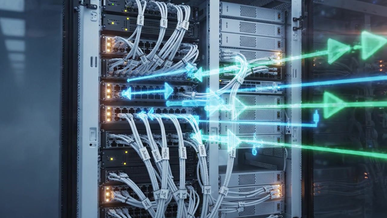 Advanced Data Center with High-Tech Server Rack and Networking Cables Showcasing the Future of Cloud Computing and Data Management Efficiency