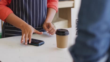 Video-of-hands-of-biracial-waitress-with-payment-terminal