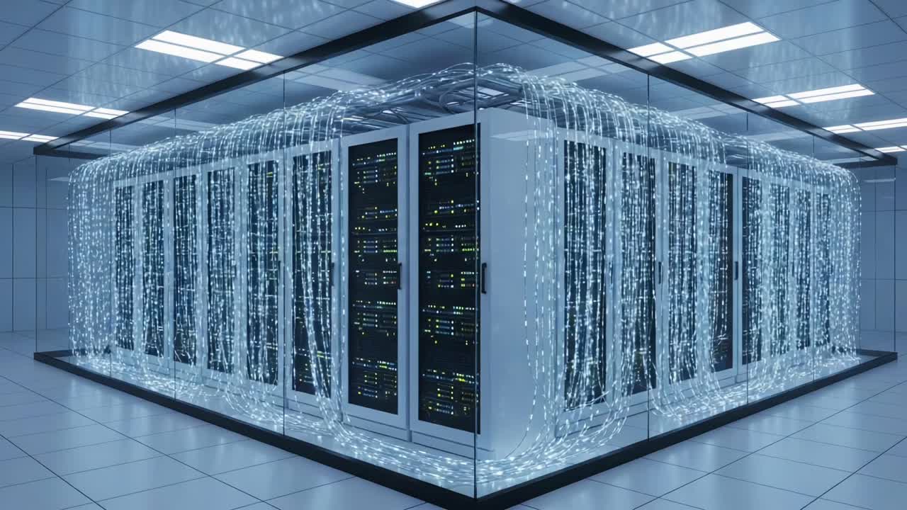 High-Performance Data Center: A Stunning View of State-of-the-Art Server Racks with Vibrant Data Cables Illuminating the Modern Digital Infrastructure