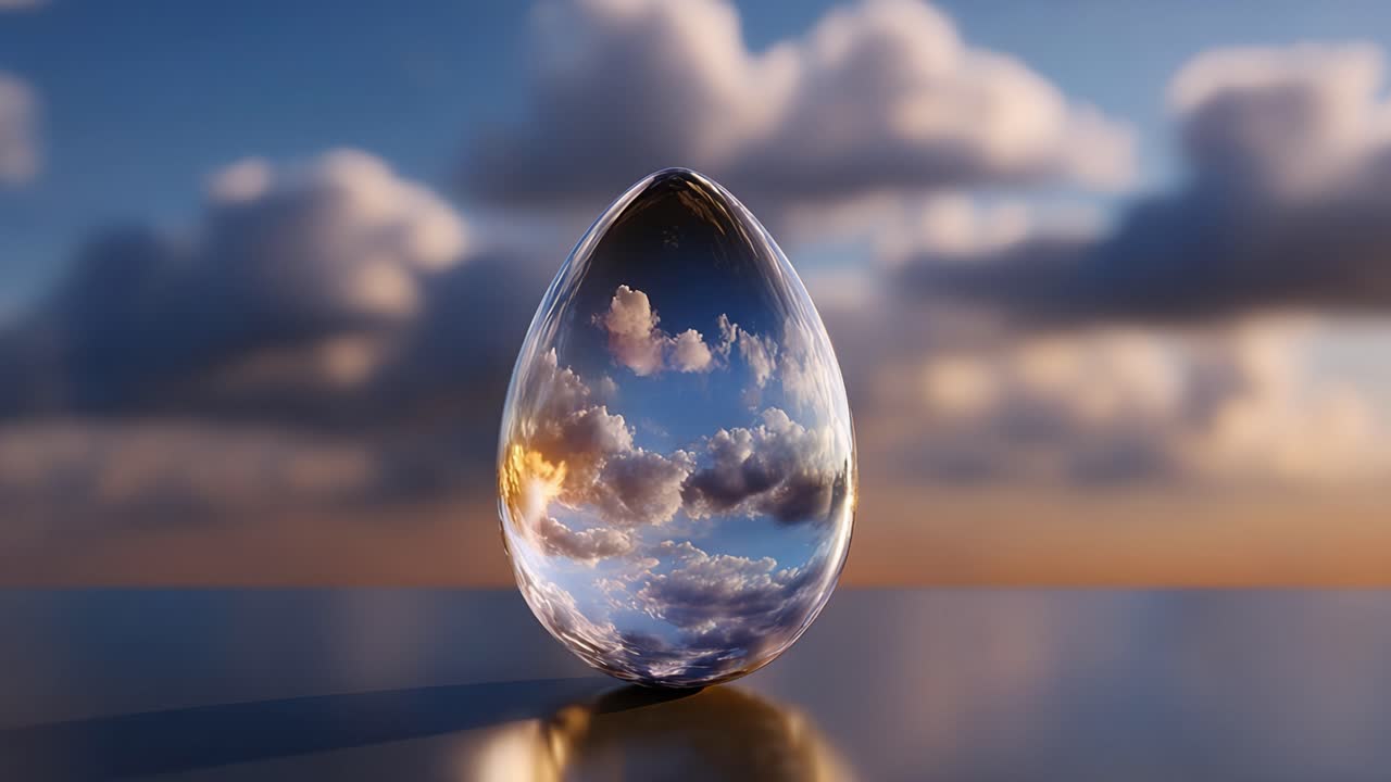 A Stunning Reflection in a Droplet: Captured Cloudy Skies and Vibrant Sunset Colors Revealing the Beauty of Nature's Elements in a Serene Setting