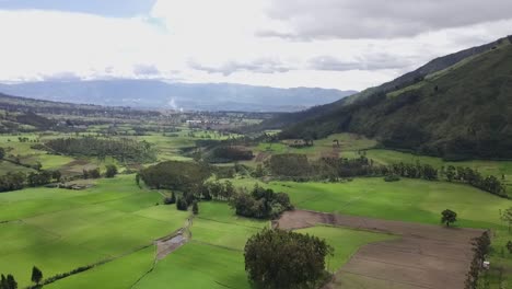 green agriculture fields in between mountain ranges, aerial drone view