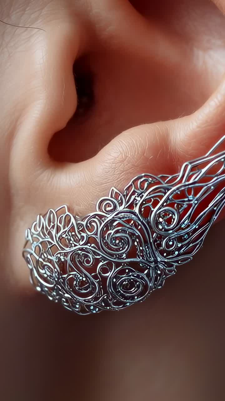 Video verticale: telecamera in movimento che avvicina un ear cuff in un primo piano sul set, rivelando dettagli in filigrana