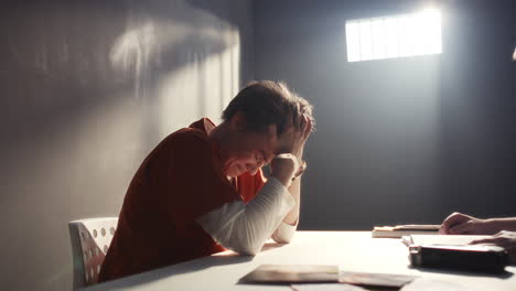 female inmate breaking down emotionally during tense interrogation in prison