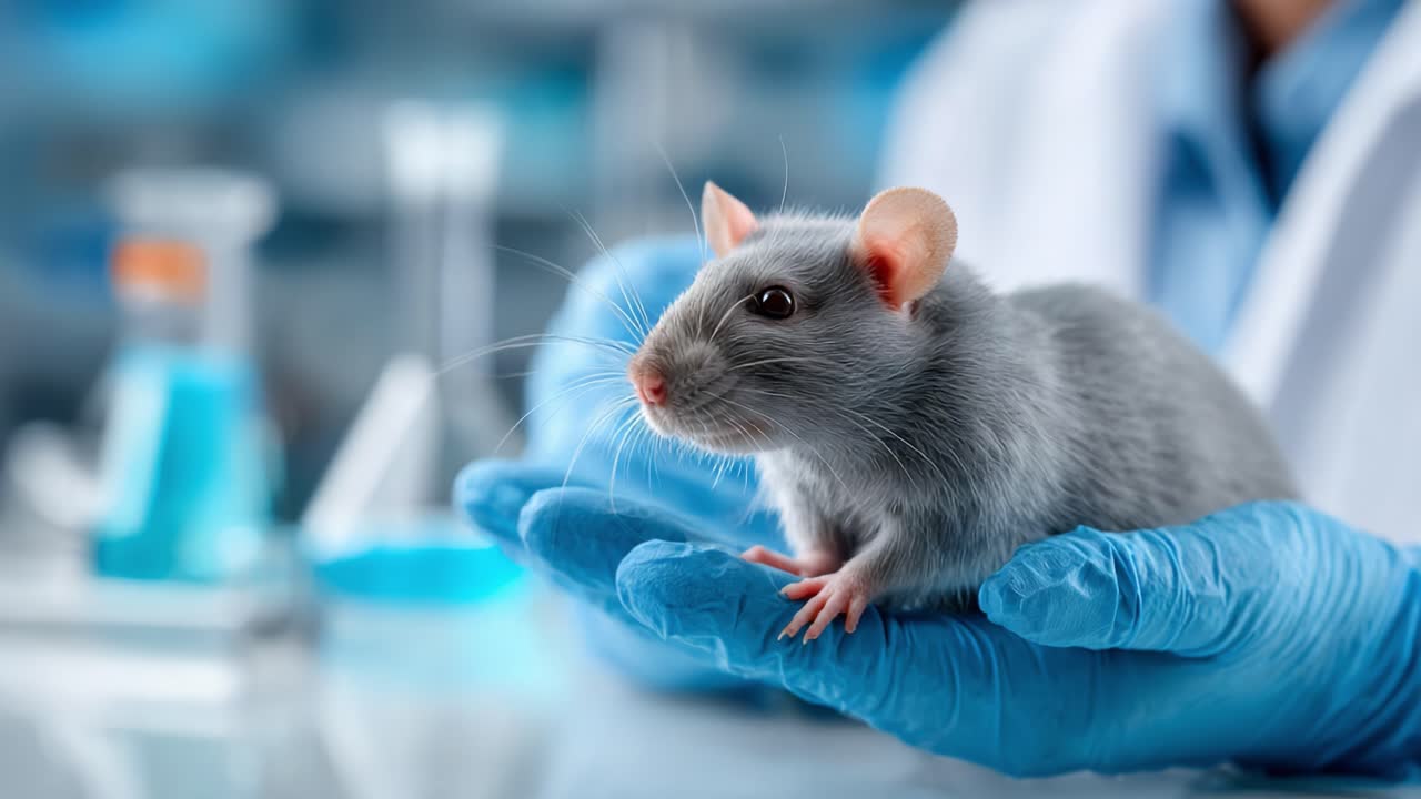 Primo piano di un topo da laboratorio tenuto delicatamente in una mano guantata, che evidenzia i suoi tratti dettagliati in un ambiente di ricerca scientifica con vetreria sullo sfondo