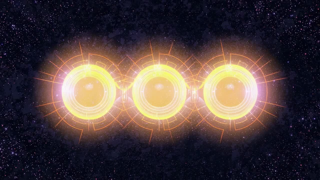 Receiving pulse, pulsing three haloed energy cores brightening in deep space, forming short links