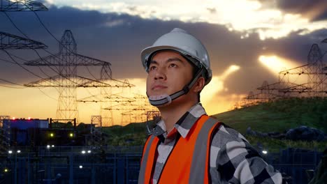 close up side view of asian male engineer wearing safety helmet looking around while standing with arms akimbo near high voltage tower