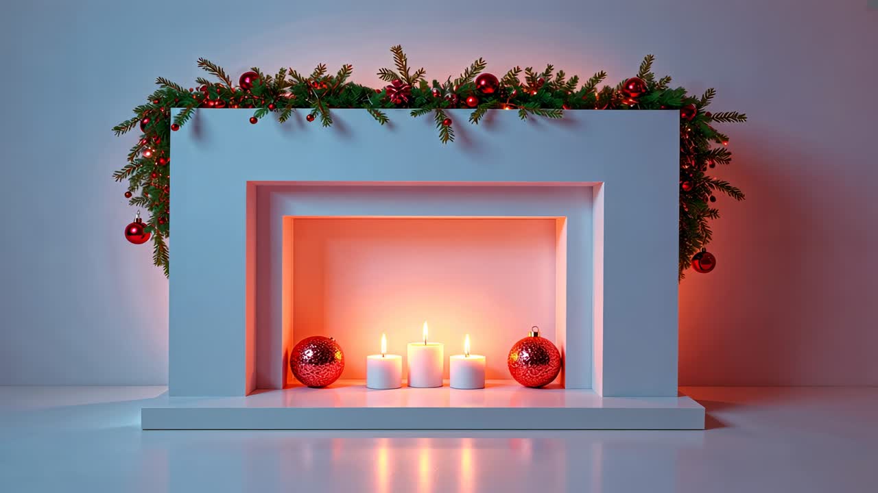 Playback starting, white shelf holding 3 burning pillar candles, draping garland with red baubles