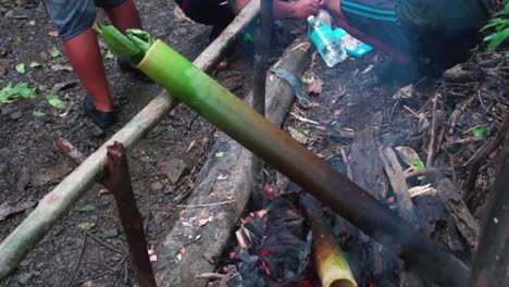 bamboo shoot buried in the charcoal to cook the food inside of it