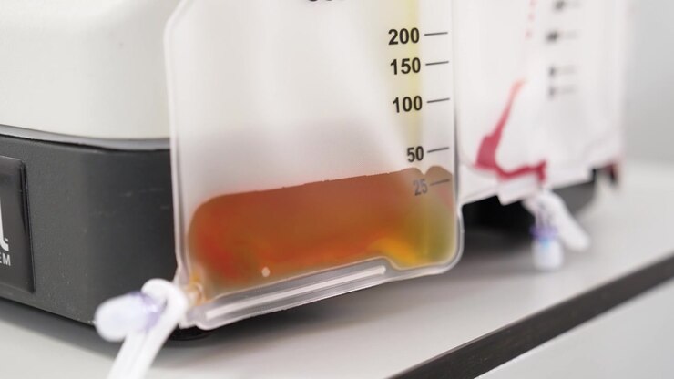 Plasma extracted from blood is filling a plastic bag. Preparation for plasmolifting. Close up.