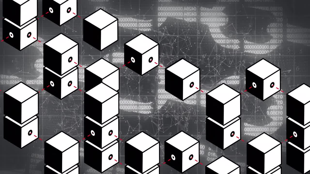연결 네트워크와 검은색 배경에 대한 보안 체인 아이콘을 통해 여러 큐브 블록