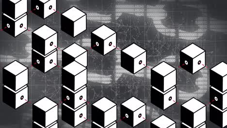 múltiples bloques cúbicos sobre la red de conexiones y el icono de la cadena de seguridad contra un fondo negro