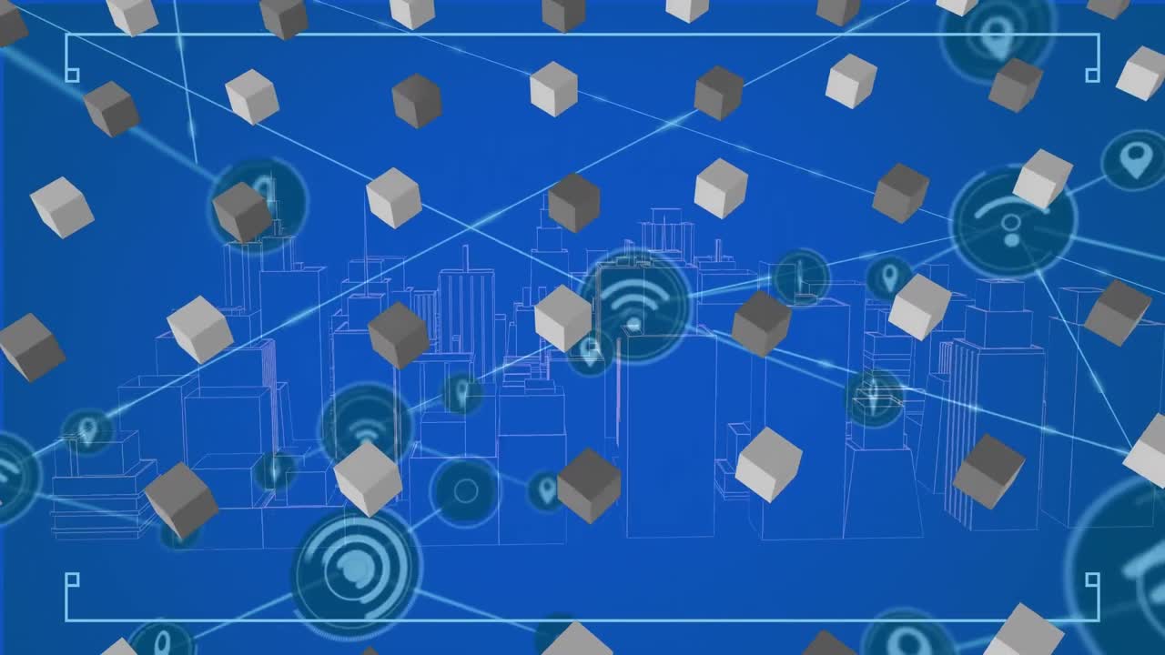 анимация квадратов и икон над городским пейзажем