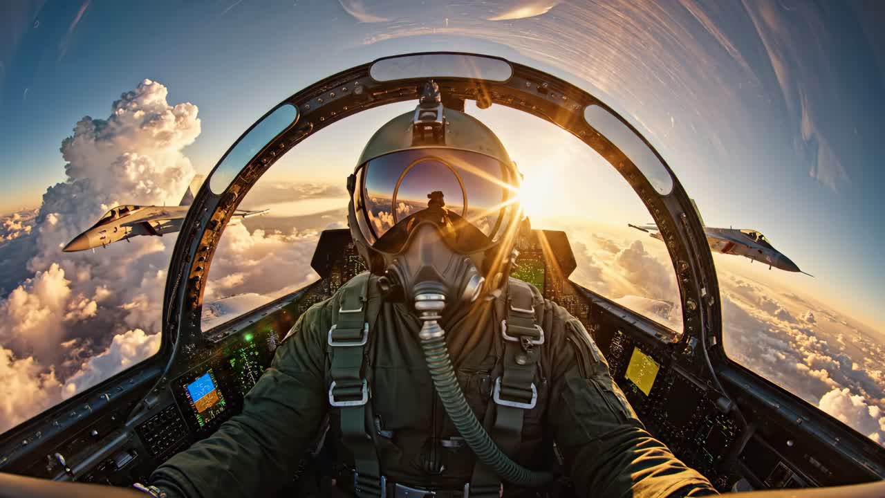 Fighter Pilot in Cockpit Flying Through Clouds at Sunset