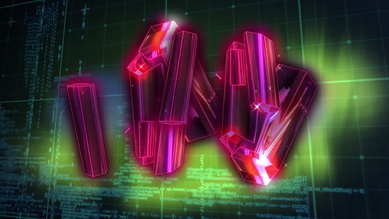animación de barras 3d sobre el patrón de cuadrícula contra el lenguaje informático en un fondo abstracto