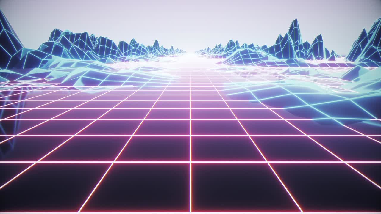 1980년대 스타일의 레트로 퓨처리스틱 배경 영상: 사이버 세계에서의 디지털 풍경
