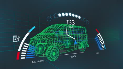 Animation-of-speedometer-over-electric-van-project-on-navy-background