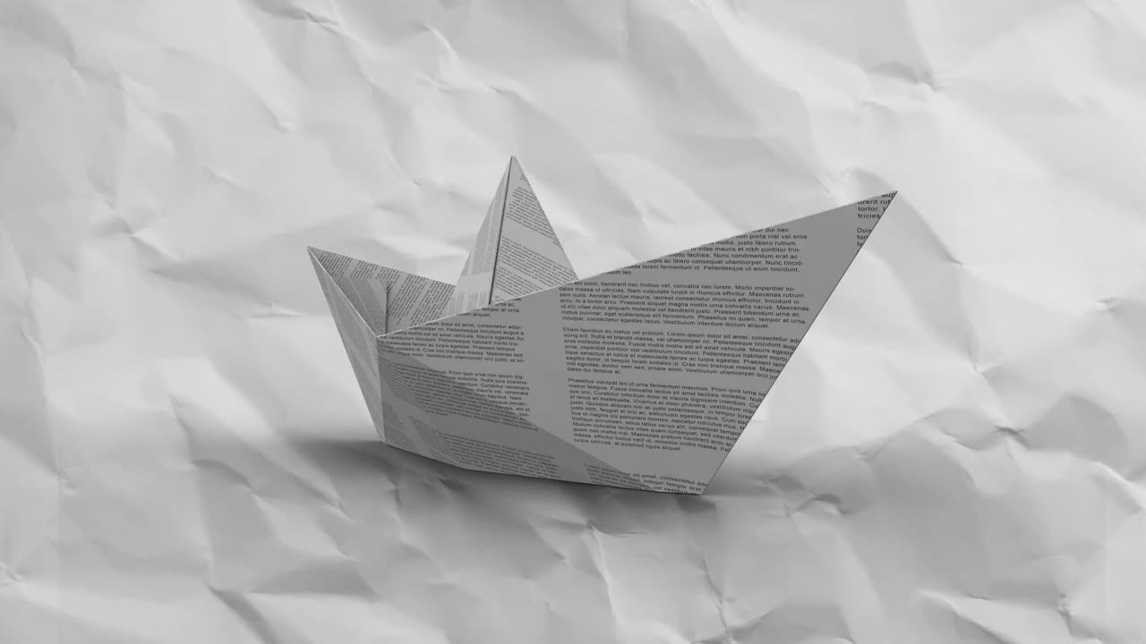 Animation of paper boat over moving scrunched white paper texture background
