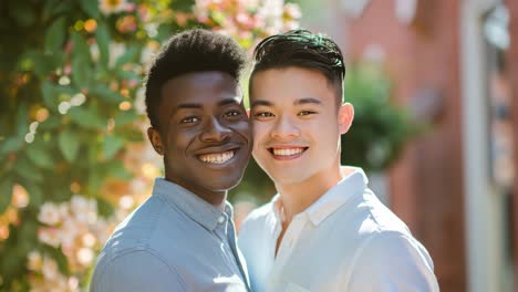 interracial gay couple sharing genuine moment of joy, smiling together in sunny park surrounded by green foliage and summer landscape