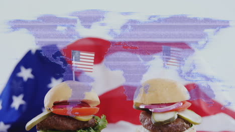 world map animation over american flag and burgers with small usa flags