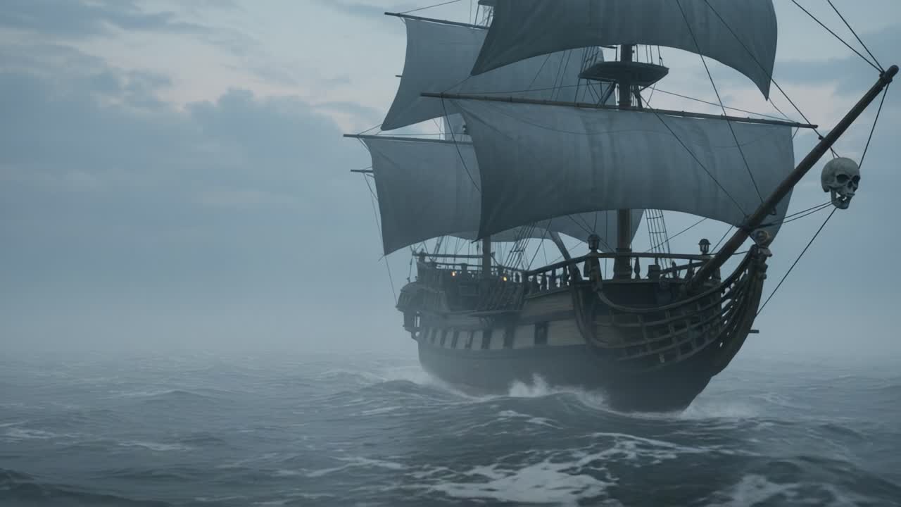 An Elegant Pirate Ship Navigating Through Misty Waters with Billowing Sails and a Skull Flag, Capturing the Essence of Adventure and Mystique at Sea
