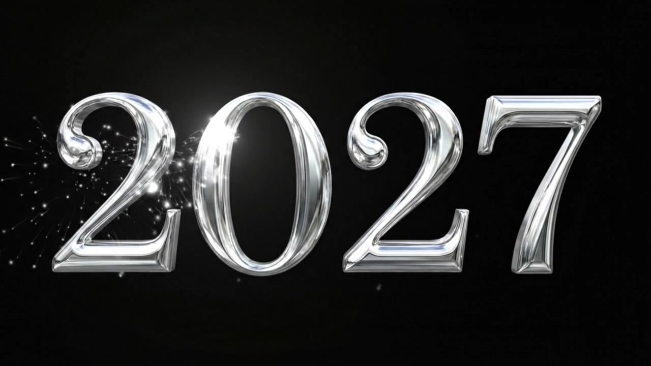Animazione del numero 2027 di Capodanno color argento con tipografia metallica su sfondo scuro