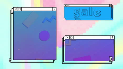 animación de texto de venta y pantallas de ventanas de computadora con patrón de neón