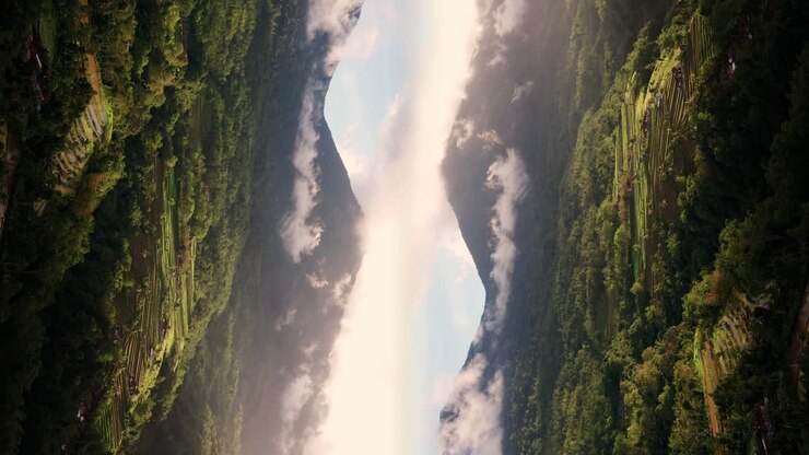 Vista aerea cinematografica di terrazzamenti di riso agricoli. Dimensione parallela stile Inception. Video verticale.